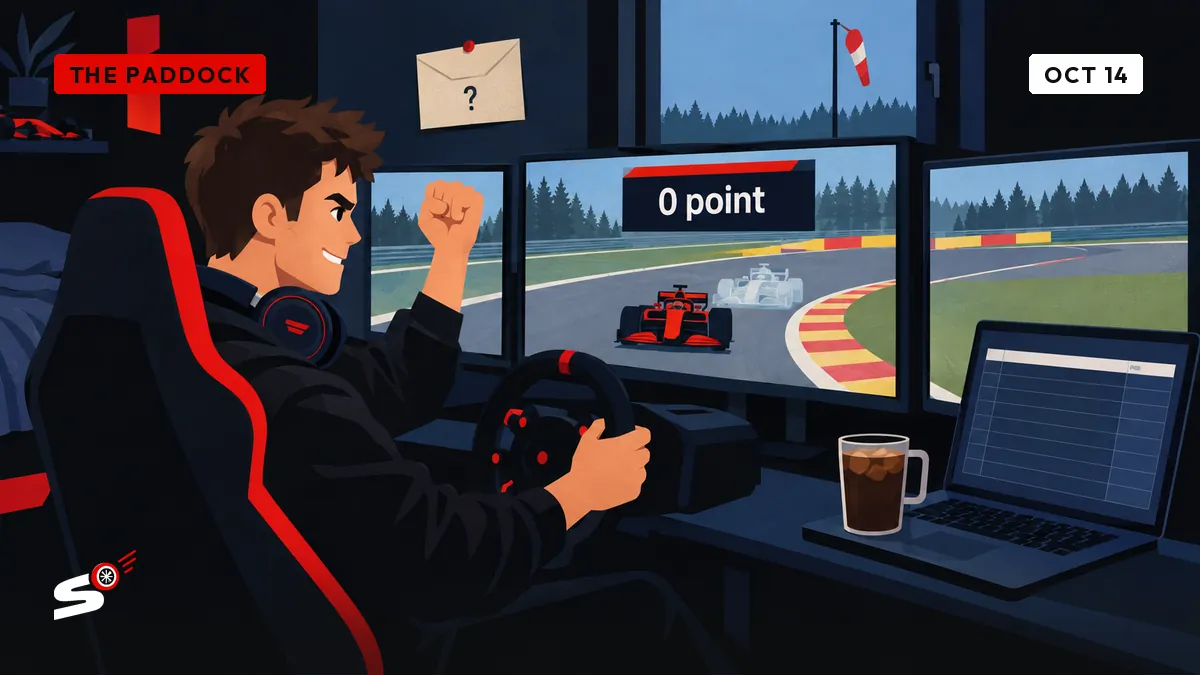Nathan, seul dans sa chambre-cockpit, lève le poing devant un écran où sa voiture fantôme est à peine distancée, tableau des points vide.
