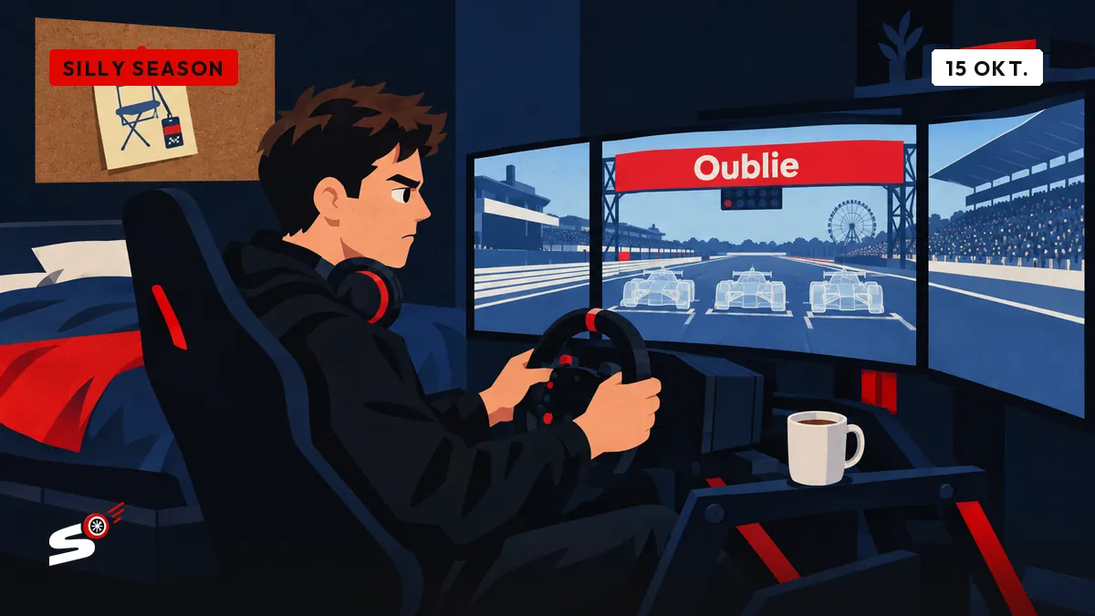Nathan zit in zijn cockpitkamer in Genk en kijkt naar zijn gepauzeerde simulator met drie ghost-wagens op de startlijn.