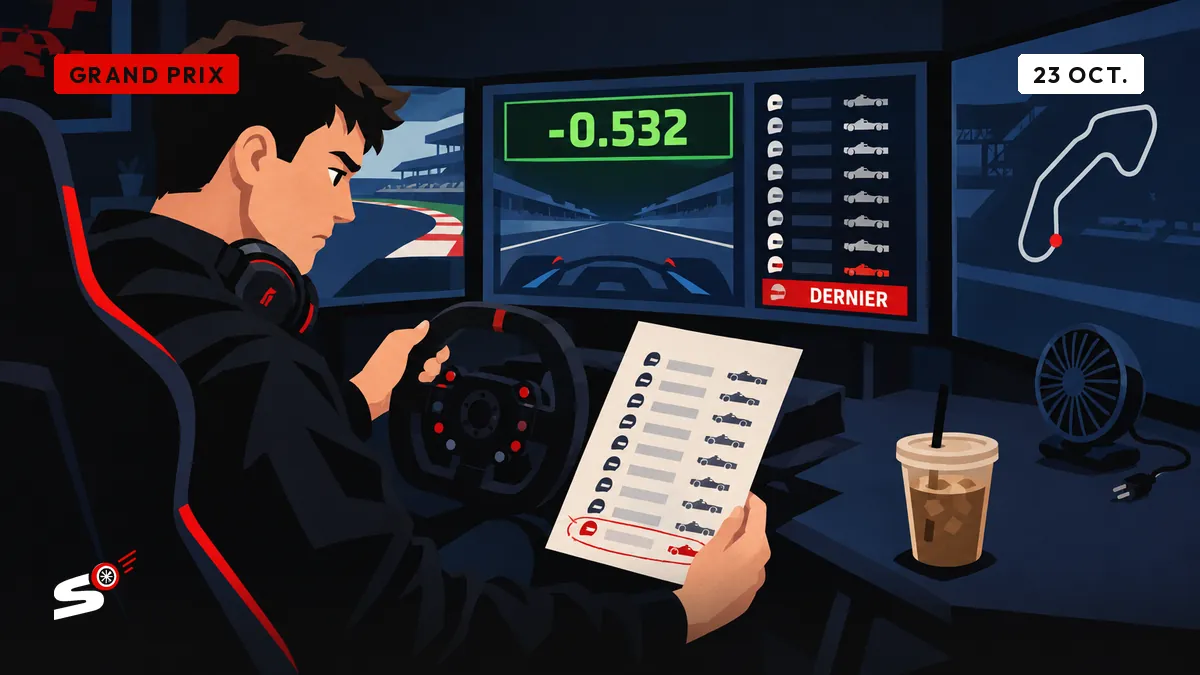 Nathan, dans son cockpit de simulateur, fixe un écran où son meilleur tour s'affiche en vert alors que la grille le place dernier.