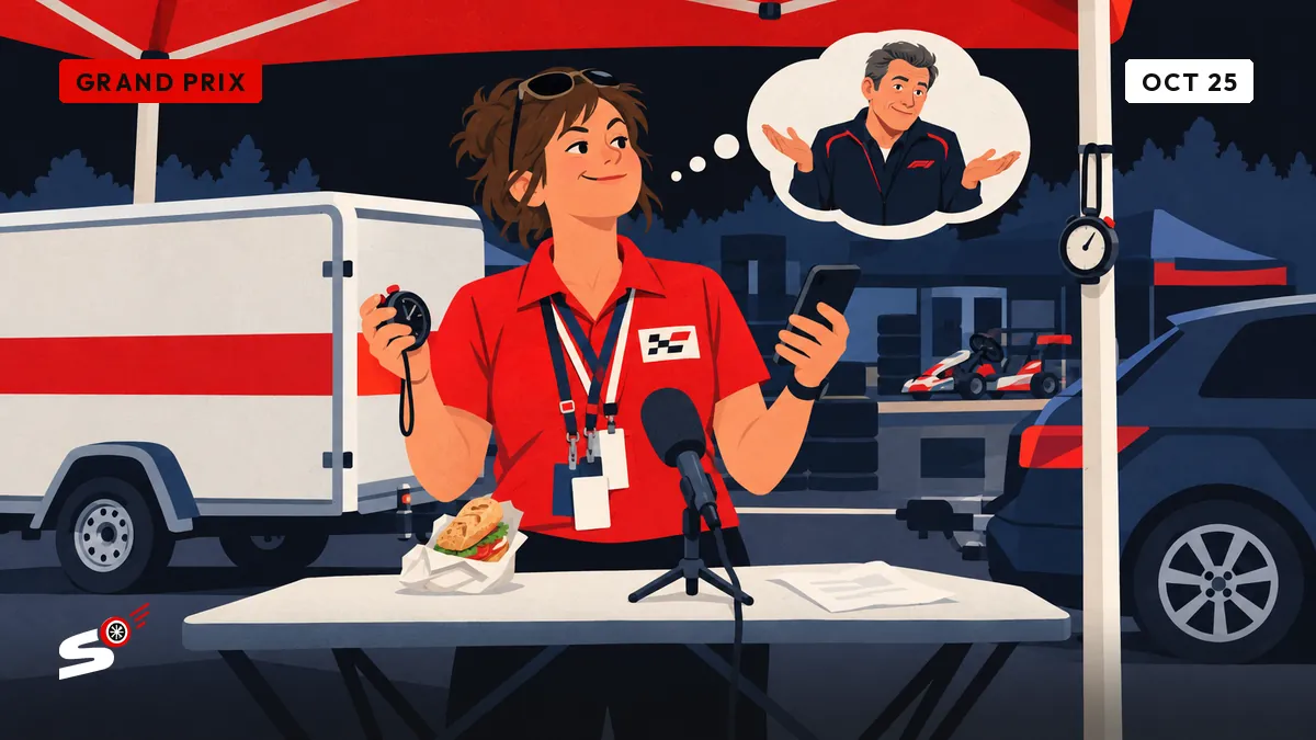 Fabienne under a gazebo holds a press release and a sandwich before a microphone on a camping table, a trailer and stopwatch behind her.