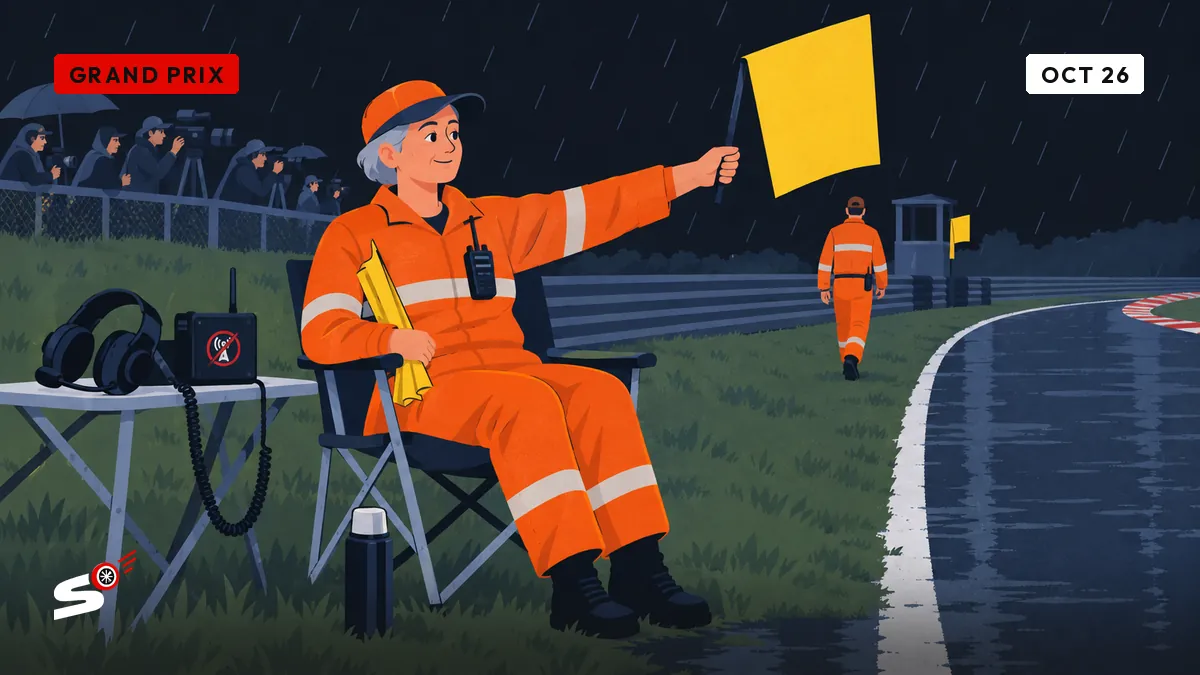 Josiane, a marshal in orange on a camping chair, raises a yellow flag beside an unplugged radio, thermos at her feet.